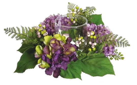 Purple & Green Artificial Hydrangea & Berry Hurricane Glass Candle Holder